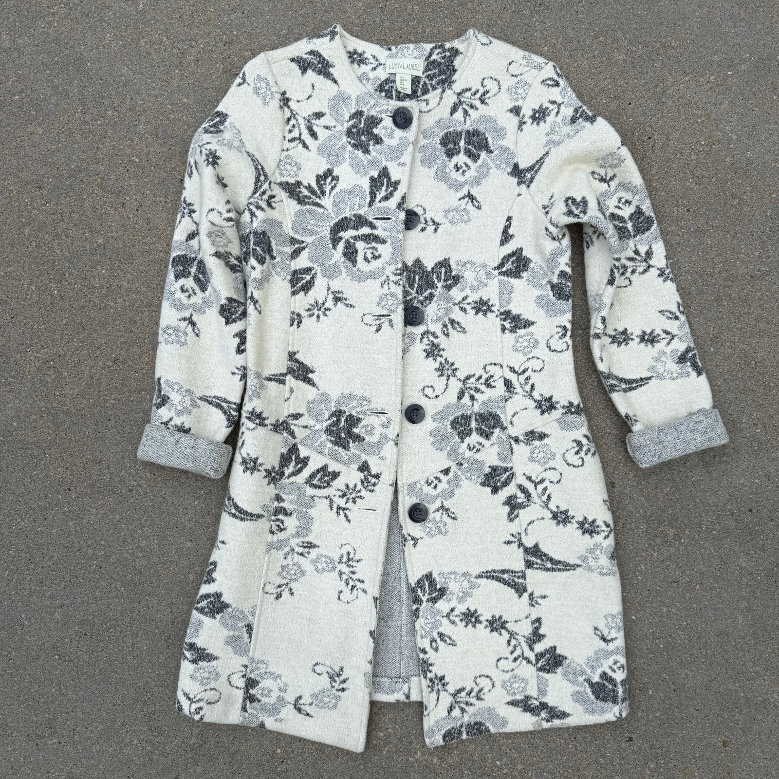 Lucy And Laurel Floral Wool Blend Coat Jacket Cream Gray Button Front Size Large